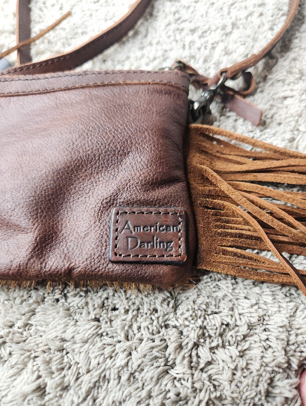Brown & White Leather Crossbody Purse With Fringe - American Darling - Picture 15 of 16